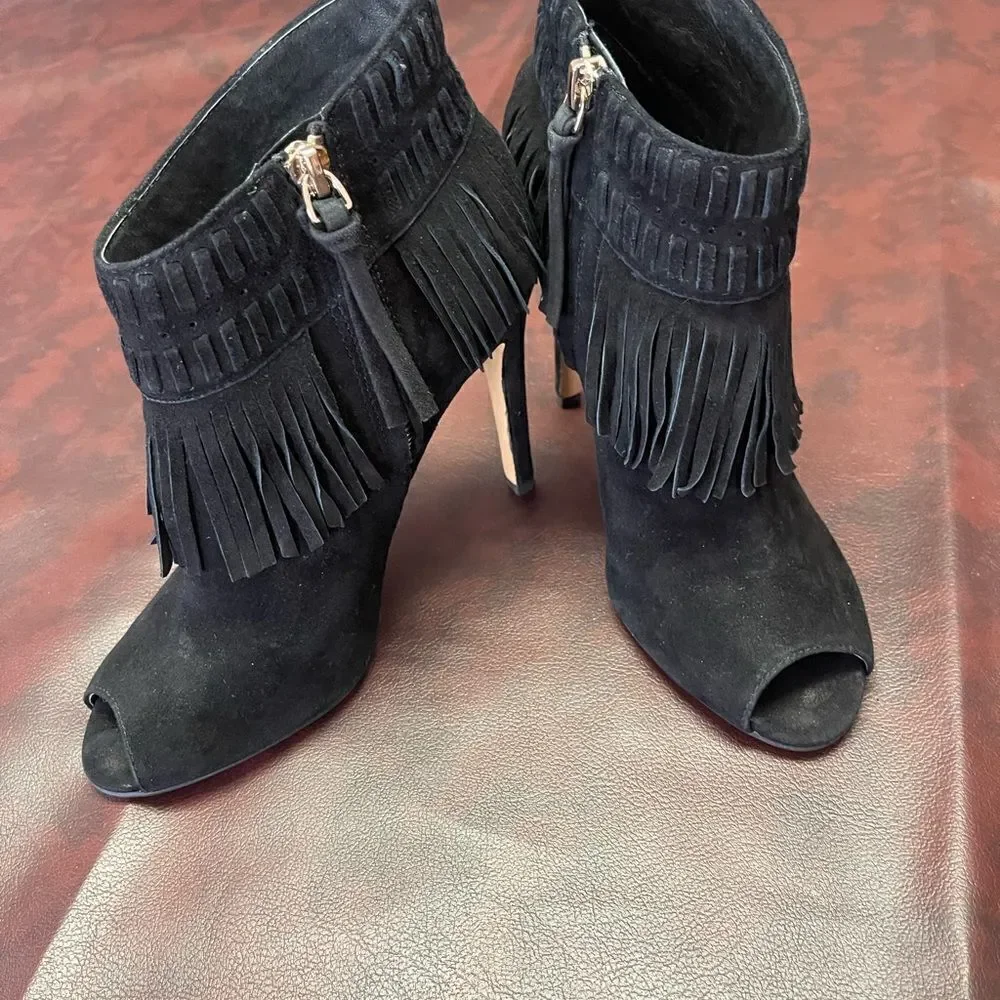 Rebecca Minkoff‎ black suede fringe heels, size 6 1/2